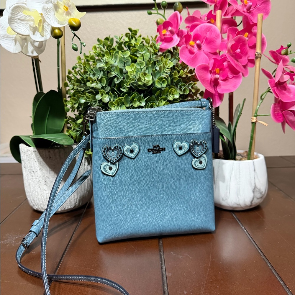 Coach Blue Rare gunmetal crossbody with Heart Appliqué
